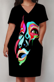 Black Casual Leopard Stripe Graffiti Print V Neck Long Sleeve Loose Pockets Straight Midi T-Shirt Dress