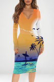 Red Green Graffiti Print V Neck Long Sleeve Casual Outing Bodycon Pencil Midi Dress