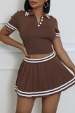 Brown Stripe Print Turndown Collar Short Sleeve Crop Tops And Pleated Mini Skirt Buttons Casual Sportwear Two Pieces Dress Sets