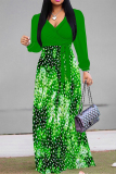 Grass Green Leaves The stars Print V Neck Long Sleeve Belted Waist Vacation Maxi Dress