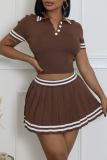 Brown Stripe Print Turndown Collar Short Sleeve Crop Tops And Pleated Mini Skirt Buttons Casual Sportwear Two Pieces Dress Sets