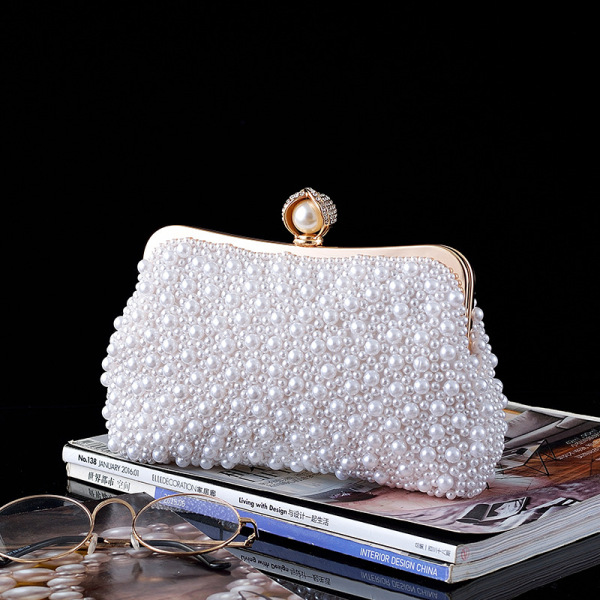 White Pearls Decor Beaded Clutch Formal Evening Bag