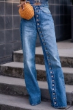Blue High Waist Buckle Slit Casual Straight Leg Denim Jeans
