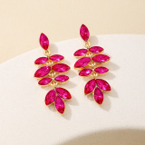 Rose Red Gemstone Dangling Drop Leaf Wheat Ear Earrings