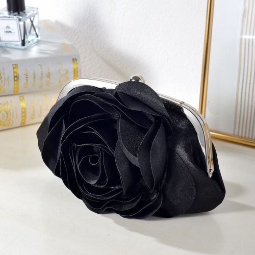 Black Flower Shape Design Satin Handbag