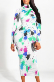 Color Street Stripe Splashed Ink Print Half A Turtleneck Long Sleeve Bodycon Maxi Dresses