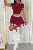 Brown Stripe Print Turndown Collar Short Sleeve Crop Tops And Pleated Mini Skirt Buttons Casual Sportwear Two Pieces Dress Sets