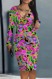 Purple Floral Print V Neck Long Sleeve Casual Outing Bodycon Pencil Midi Dress