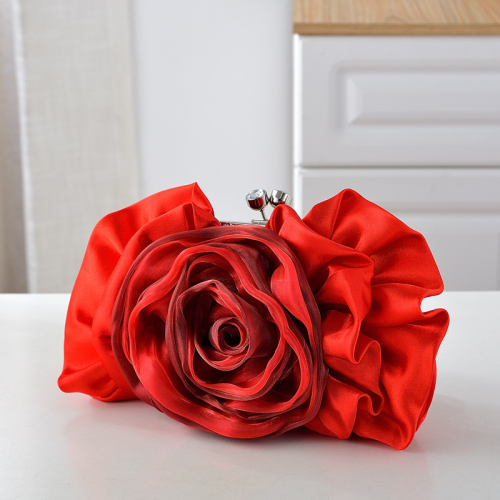 Red Rose Flower Shape Design Satin Handbag