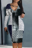 Green Geometric Print V Neck Long Sleeve Casual Outing Bodycon Pencil Midi Dress