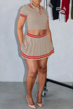 Brown Stripe Print Turndown Collar Short Sleeve Crop Tops And Pleated Mini Skirt Buttons Casual Sportwear Two Pieces Dress Sets