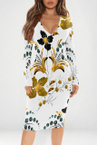 Purple Floral Print V Neck Long Sleeve Casual Outing Bodycon Pencil Midi Dress