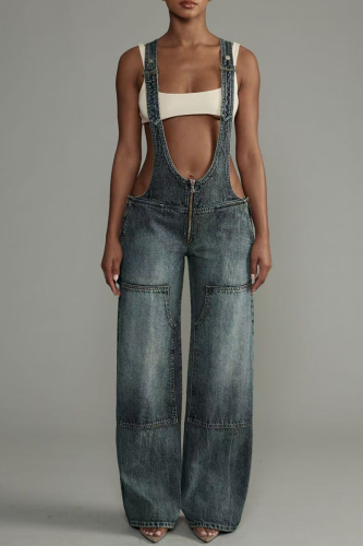 Blue Zipper Hollow Out Casual Loose Denim Jumpsuits Overall