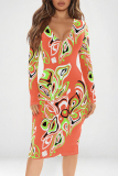 Green Geometric Print V Neck Long Sleeve Casual Outing Bodycon Pencil Midi Dress