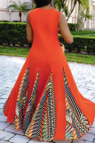 Orange Graphics Print Sleeveless O Neck Long Casual Vacation Plus Size Pleated Flowy Maxi Dresses