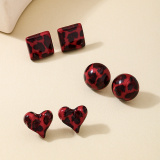 Red Casual Round Heart-shaped Square Earrings Three Piece Set