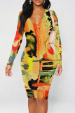 Purple Floral Print V Neck Long Sleeve Casual Outing Bodycon Pencil Midi Dress