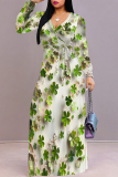 Grass Green Leaves The stars Print V Neck Long Sleeve Belted Waist Vacation Maxi Dress