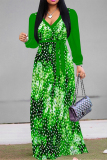 Grass Green Leaves The stars Print V Neck Long Sleeve Belted Waist Vacation Maxi Dress
