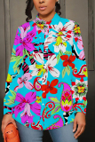 White Floral Print Shirt Collar Long Sleeve Button-Down Office Wear Plus Size Blouse