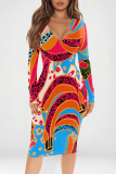 Leopard Camouflage Print V Neck Long Sleeve Casual Outing Bodycon Pencil Midi Dress