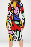 Red Green Graffiti Print V Neck Long Sleeve Casual Outing Bodycon Pencil Midi Dress