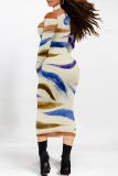 Color Street Stripe Splashed Ink Print Half A Turtleneck Long Sleeve Bodycon Maxi Dresses