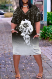 Teal Casual Letters Flowers Animal Print Basic V Neck Long Sleeve Loose Pockets Straight Midi T-Shirt Dress