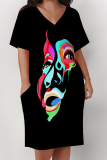 Black Casual Leopard Stripe Graffiti Print V Neck Long Sleeve Loose Pockets Straight Midi T-Shirt Dress
