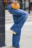 Blue High Waist Buckle Slit Casual Straight Leg Denim Jeans