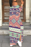 Pastel Green National Totem Print Off Shoulder Long Flutter Sleeve Lace Up Side Slit Vacation Boho Style Maxi Dresses