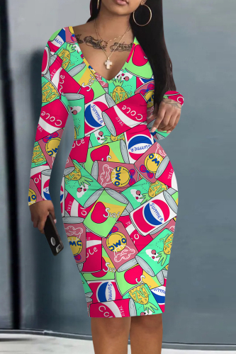 Red Green Graffiti Print V Neck Long Sleeve Casual Outing Bodycon Pencil Midi Dress
