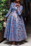 Purple Floral Foil Print Long Sleeve A Line Formal Wedding Party Pleated Maxi Dresses