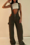 Blue Zipper Hollow Out Casual Loose Denim Jumpsuits Overall
