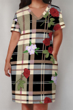 White Gold Casual Stripe Plaid Chain Print Basic V Neck Long Sleeve Loose Pockets Straight Midi T-Shirt Dress