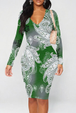 Red Green Graffiti Print V Neck Long Sleeve Casual Outing Bodycon Pencil Midi Dress