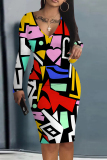 Red Green Graffiti Print V Neck Long Sleeve Casual Outing Bodycon Pencil Midi Dress