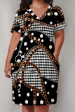 White Gold Casual Stripe Plaid Chain Print Basic V Neck Long Sleeve Loose Pockets Straight Midi T-Shirt Dress