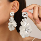 Silver White Pearl Leaf Design Drop Earrings