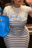 White Casual Stripe Print O Neck Short Sleeve Bodycon Mini Dresses