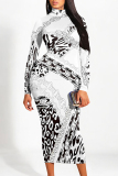 Color Street Stripe Splashed Ink Print Half A Turtleneck Long Sleeve Bodycon Maxi Dresses