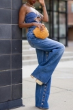 Blue High Waist Buckle Slit Casual Straight Leg Denim Jeans