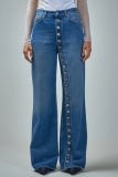 Blue High Waist Buckle Slit Casual Straight Leg Denim Jeans