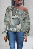 Blue Khaki Casual Faux Denim Print Oblique Collar Long Sleeve Fall Winter Sweatshirt