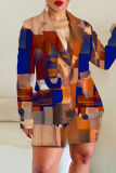 Brown Casual Graphics Print Buttons Turn-back Collar Long Sleeve Blazer Jackets And Shorts Two Pieces Shorts Sets