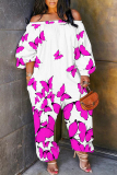 White Red Graphics Boho Print Off Shoulder Long Sleeve Vacation Loose Casual Outing Harem Jumpsuit
