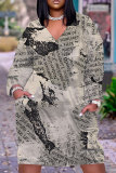 Blue Casual Graphics Print V Neck Long Sleeve Knee Length Pocket Straight Loose Midi Dress