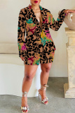 Brown Casual Graphics Print Buttons Turn-back Collar Long Sleeve Blazer Jackets And Shorts Two Pieces Shorts Sets