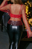 White V Neck Long Sleeve Hollow Out See-Through Night Club Rhinestone Mesh Tops