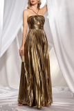 Glod Sleeveless Slit Formal Evening Party Prom Pleated Strapless Halter Metallic Maxi Dresses
